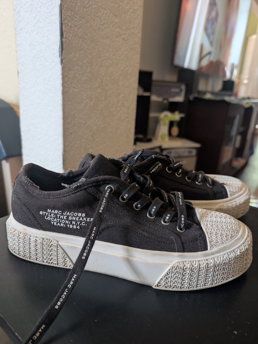 Marc Jacobs Black Canvas Platform Sneakers with White Textured Sole